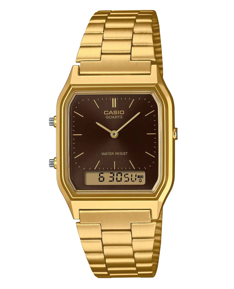 Casio Vintage AQ-230GA-5AMQYES – Ανδρικό Ρολόι Διπλής Ένδειξης (Χρυσό Μπρασελέ, Καφέ Καντράν)
